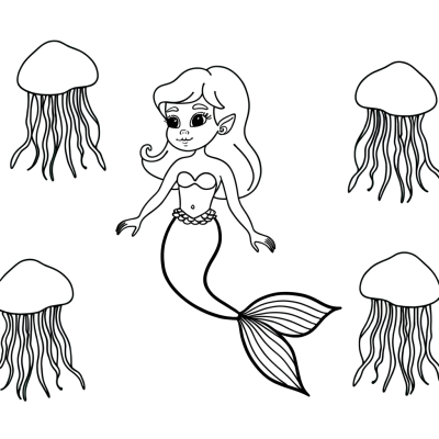 Coloring page of a mermaid with long flowing hair swimming with jellyfish friends in underwater scene