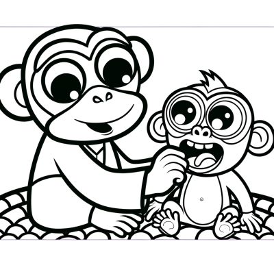 Coloring page illustration of one monkey grooming another monkey showing social bonding behavior