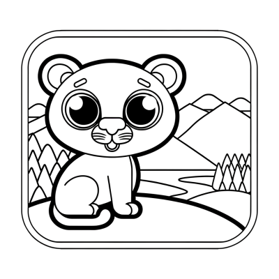Mountain lion coloring page showing a cougar watching over a valley from a rocky cliff