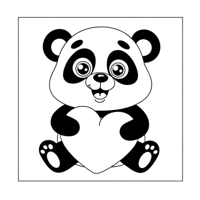 Coloring page of a cute panda bear hugging a heart-shaped pillow