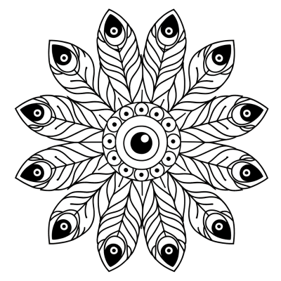 Peacock feather mandala with eye patterns coloring page