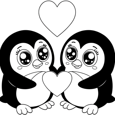Coloring page of two cute penguins sharing hearts in a romantic scene