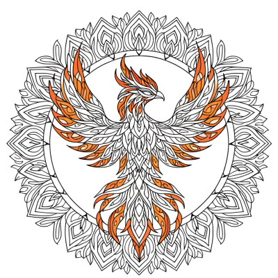 A detailed phoenix mandala with fiery feathers for coloring