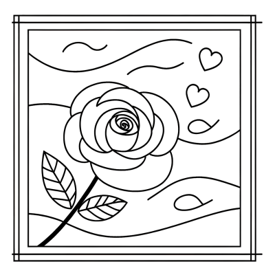 Pink rose coloring page in romantic setting with decorative elements