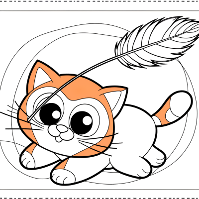 Illustration of a playful orange cat batting at a feather toy