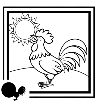 Coloring page of a proud rooster crowing at sunrise with detailed feathers and morning sky