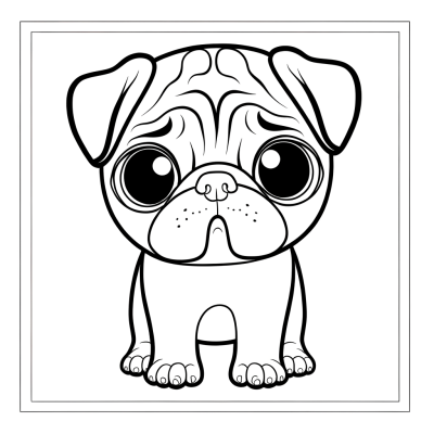 Coloring page of a cute pug puppy with wrinkly face tilting head curiously