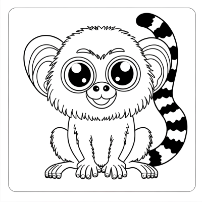 Cute pygmy marmoset coloring page showing a tiny monkey with big eyes and fluffy tail