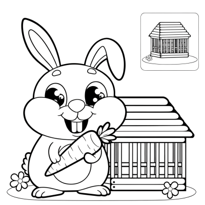 Coloring page showing a rabbit sitting in a wooden hutch eating a carrot
