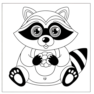 Coloring page illustration of a cute raccoon with black mask markings around eyes, holding food in its front paws