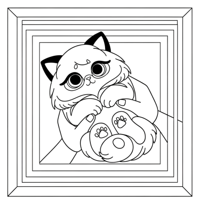 Coloring page of a ragdoll cat with long fluffy fur being gently held in someone's arms