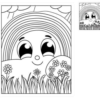 Coloring page showing a rainbow over a spring meadow with flowers and grass