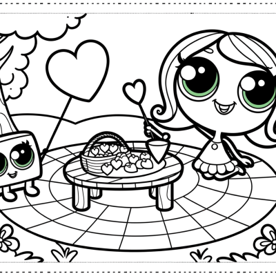 Romantic picnic coloring page with heart-shaped foods on checkered blanket