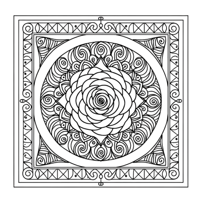Rose mandala coloring page with spiraling petals