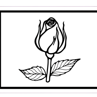 Coloring page outline drawing of a rosebud just starting to open with detailed petals and stem