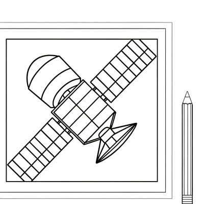 Satellite coloring page showing spacecraft with extended solar panels in space
