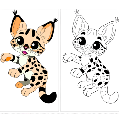Coloring page of a serval cat with spotted coat jumping through the air