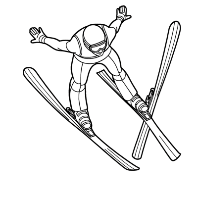 Coloring page showing a ski jumper in mid-air flight with skis extended