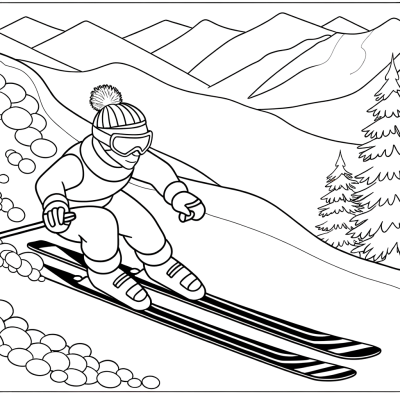 Coloring page showing a skier racing down a snowy mountain slope with trees and alpine scenery