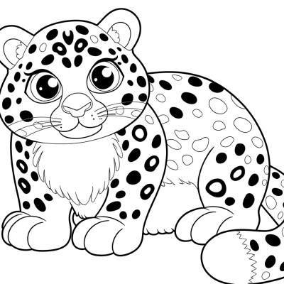 Snow leopard coloring page showing a big cat with thick spotted fur coat pattern