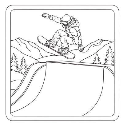Snowboarder performing trick in halfpipe coloring page