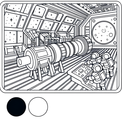Coloring page showing astronauts inside a space station with control panels and Earth visible through windows