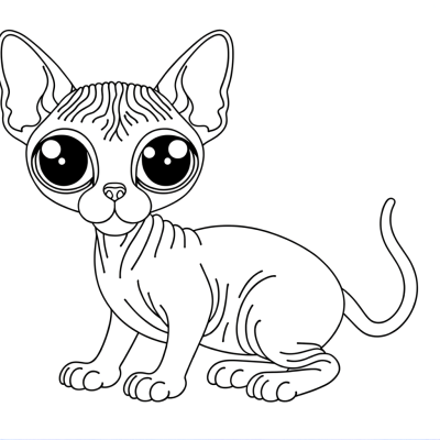 Coloring page illustration of a Sphinx cat with hairless body showing off its unique appearance