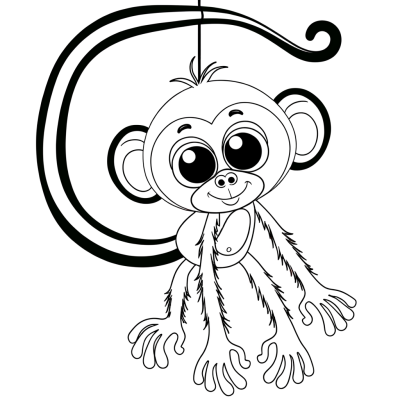 Coloring page of a spider monkey hanging upside down by its tail