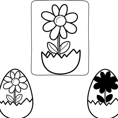 Coloring page showing a spring flower with petals and leaves growing out of a cracked egg shell