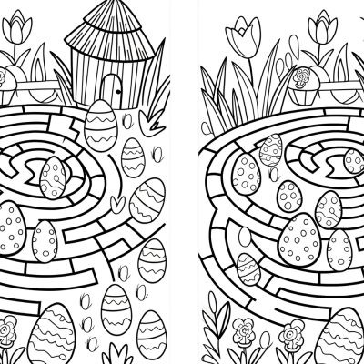 Spring garden maze coloring page with Easter eggs hidden throughout flowering garden paths