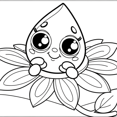 Coloring page showing a detailed spring raindrop sitting on a flower petal with nature elements