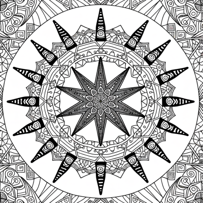 Starfish mandala coloring page with beach elements including seashells and ocean waves