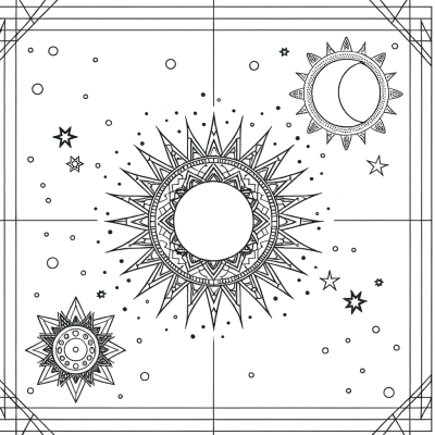 Illustrated sun and moon mandala with celestial elements coloring page