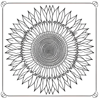 Printable sunflower mandala coloring page with spiral seed pattern center and decorative petals