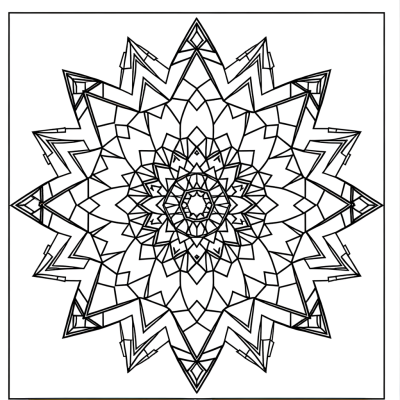 Symmetrical mandala coloring page with geometric shapes and intricate patterns