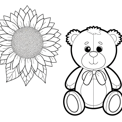 Coloring page of a cute teddy bear sunflower with fluffy petals and friendly face