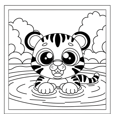 Tiger cooling off in river coloring page showing a tiger standing in water