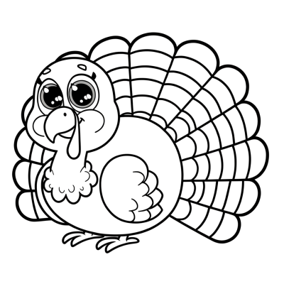 Coloring page of a turkey with large spread tail feathers showing detailed patterns