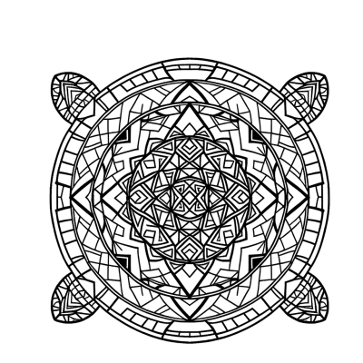 Turtle shell mandala with geometric patterns coloring page