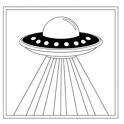 UFO flying saucer coloring page showing an alien spacecraft in the sky