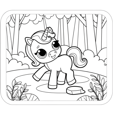 Coloring page illustration of a young unicorn foal playing in a magical forest with trees and fantasy elements