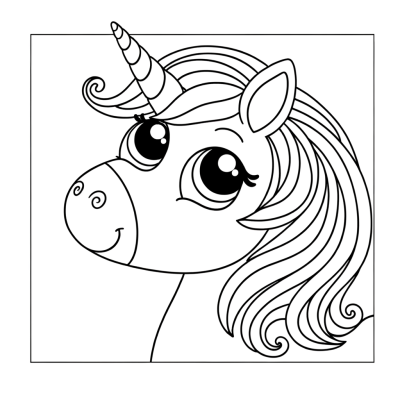 Coloring page illustration of a unicorn with long flowing mane looking back over its shoulder