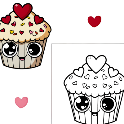 Valentine's Day cupcake coloring page with heart sprinkles decoration