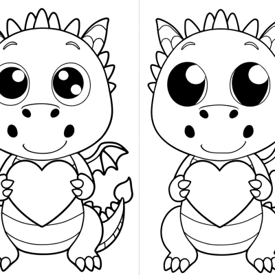 Coloring page of a cute dragon holding a heart for Valentine's Day