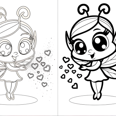 Valentine fairy coloring page showing a fairy character sprinkling heart-shaped sparkles