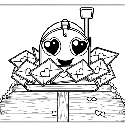 Valentine mailbox coloring page showing a decorative mailbox overflowing with heart-shaped cards and love letters