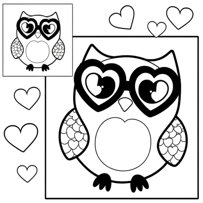Valentine owl coloring page with heart-shaped eyes and romantic decorative elements