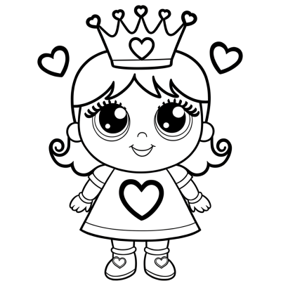 Valentine princess coloring page showing princess with heart-decorated crown