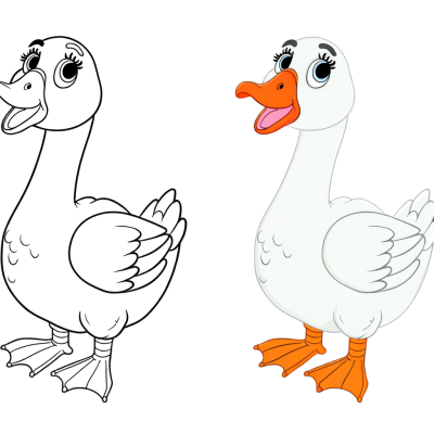 Coloring page outline of a white goose with orange beak honking