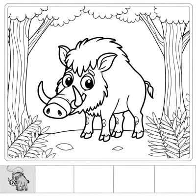 Coloring page of a wild boar with tusks foraging among trees and forest vegetation